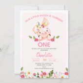 ピンクワイルドフラワーリトルピギー1st誕生日パーティー 招待状 (正面)