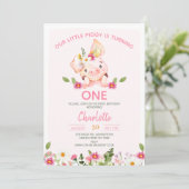 ピンクワイルドフラワーリトルピギー1st誕生日パーティー 招待状 (スタンド正面)