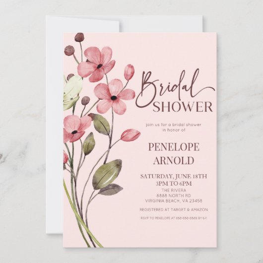 ピンクワイルドフラワーワイルドフラワーフローラブライダルシャワー 招待状 (正面)