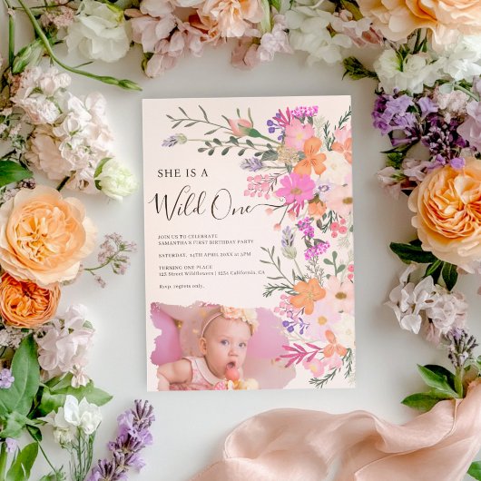 ピンクワイルドフラワーワイルドワンフォトファースト誕生日 招待状
