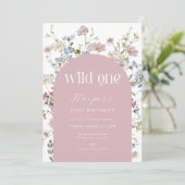 ピンクワイルドフラワーワイルドワン誕生日招待状 招待状 (スタンド正面)