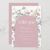 ピンクワイルドフラワーワイルドワン誕生日招待状 招待状 (正面/裏面)