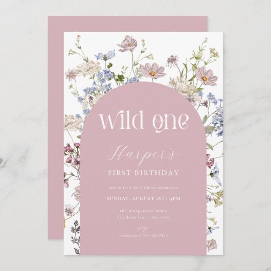 ピンクワイルドフラワーワイルドワン誕生日招待状 招待状 (正面/裏面)