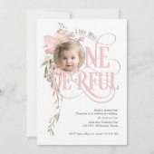 ピンクワイルドフラワー恋しく思オネダーフル少女1歳の誕生日 招待状 (正面)
