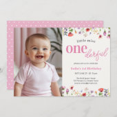ピンクワイルドフラワー恋しく思リトルオネダーフル1歳の誕生日 招待状 (正面/裏面)