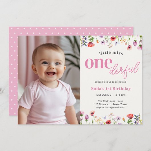 ピンクワイルドフラワー恋しく思リトルオネダーフル1歳の誕生日 招待状 (正面/裏面)