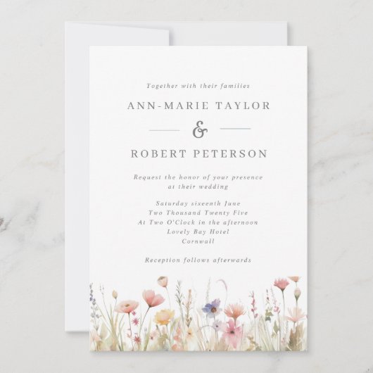 ピンクワイルドフラワー素朴春の結婚式 招待状 (正面)