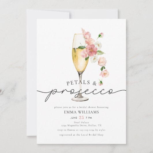 ピンクワイルドフラワー花びらとプロセッコブライダルシャワー 招待状 (正面)