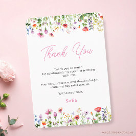 ピンクワイルドフラワー1st誕生日サンキューカード サンキューカード