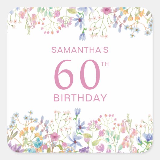 ピンクワイルドフラワー60誕生日 スクエアシール (正面)