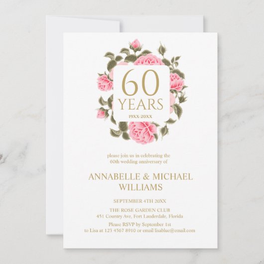 ピンクワイルドローズブーケ60thダイヤモンド記念日 招待状 (正面)