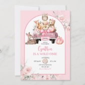 ピンクワイルドワンウッドランドパンプキントラック1st誕生日 招待状 (正面)