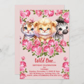 ピンクワイルドワンガールズバースデーパーティ招待状 招待状 (正面/裏面)