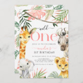 ピンクワイルドワンサファリジャングルの最初の誕生日の女の子 招待状 (正面/裏面)