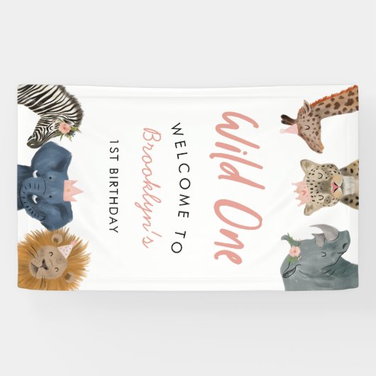 ピンクワイルドワンサファリテーマボーイの誕生日 横断幕 (横)