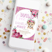 ピンクワイルドワンライオンかわいい女の子1st誕生日パーティー 招待状
