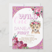 ピンクワイルドワンライオンかわいい女の子1st誕生日パーティー 招待状 (正面)