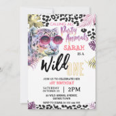 ピンクワイルドワン1st誕生日サファリジャングルガール 招待状 (正面)