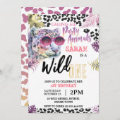 ピンクワイルドワン1st誕生日サファリジャングルガール 招待状 (正面/裏面)