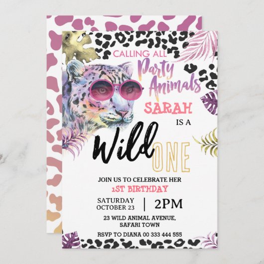 ピンクワイルドワン1st誕生日サファリジャングルガール 招待状 (正面/裏面)