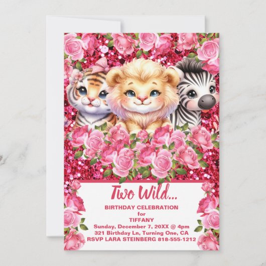 ピンクワイルド2歳ガールズバースデーパーティー 招待状 (正面)