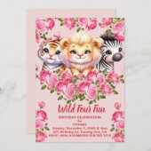 ピンクワイルド4おもしろい4歳ガールバースデーパーティー 招待状 (正面/裏面)