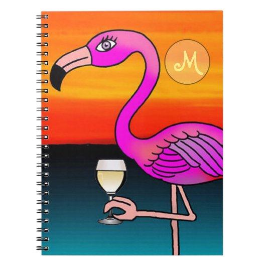 ピンクワインを飲むフラミンゴのモノグラム ノートブック (正面)