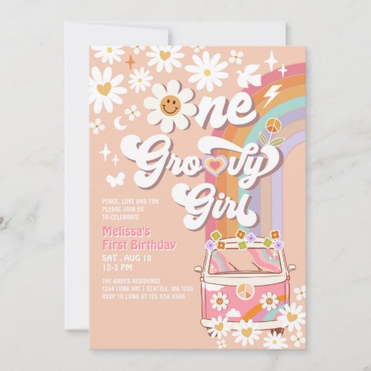 ピンクワングルービーガールデイジーレインボー1st誕生日 招待状 (正面)