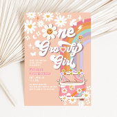 ピンクワングルービーガールデイジーレインボー1st誕生日 招待状