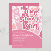 ピンクワングルービーガールレトロレインボーファースト誕生日 招待状 (正面/裏面)