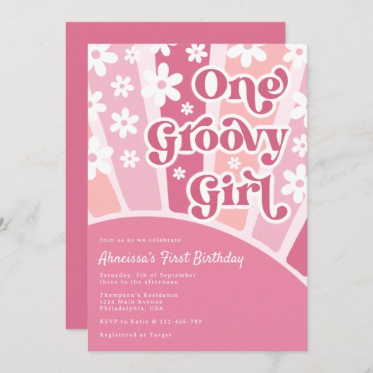 ピンクワングルービーガールレトロレインボーファースト誕生日 招待状 (正面/裏面)