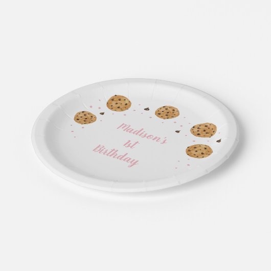 ピンクワンスイートクッキーファースト誕生日 ペーパープレート (アングル)