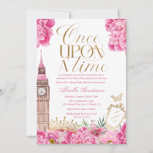 ピンクワンスオンザタイムプリンセスベビーシャワー 招待状 (正面)