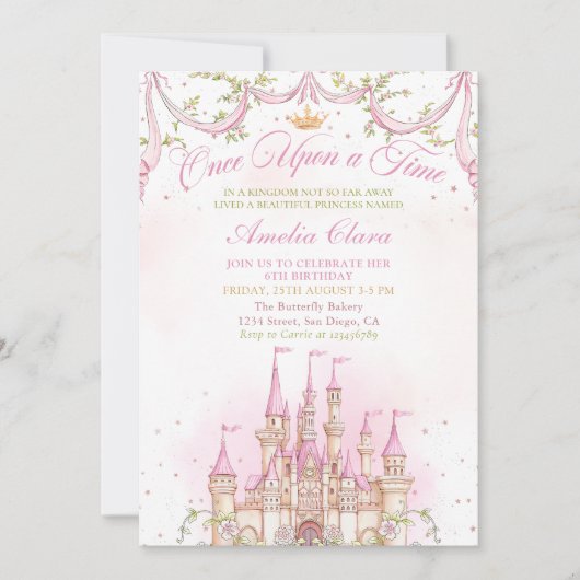 ピンクワンスオンザタイムプリンセス城誕生日 招待状 (正面)