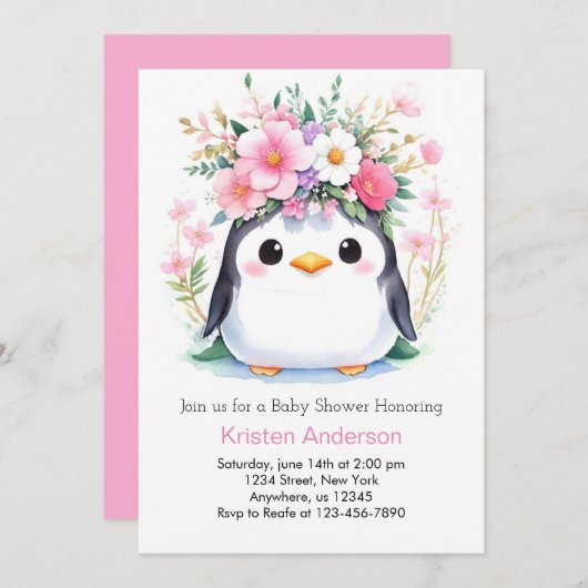 ピンクワンダーランドペンギンの喜び女の子ベビーシャワー 招待状 (正面/裏面)