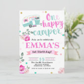 ピンクワンハッピーキャンパーウォーター色1歳の誕生日 招待状 (スタンド正面)