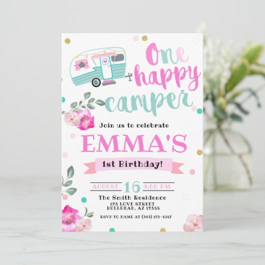 ピンクワンハッピーキャンパーウォーター色1歳の誕生日 招待状 (スタンド正面)