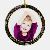 ピンクワンラインアートメリークリスマスファミリーフォト セラミックオーナメント (正面)