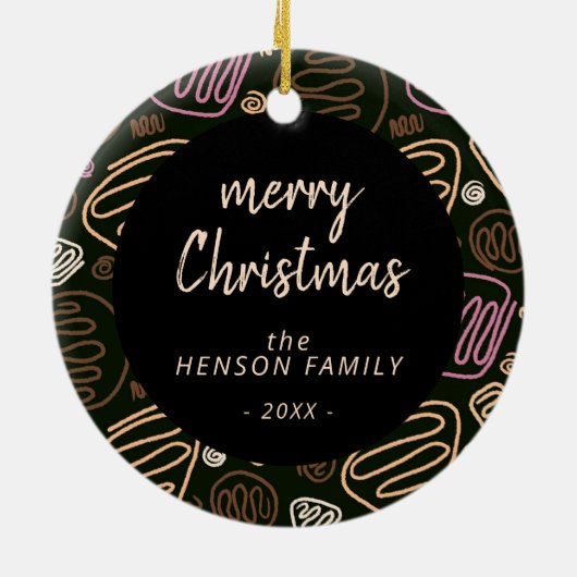 ピンクワンラインアートメリークリスマスファミリーフォト セラミックオーナメント (裏面)