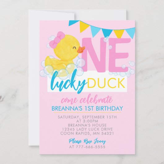 ピンクワンラッキーアヒル女の子ラバーアヒル1st誕生日 招待状 (正面)