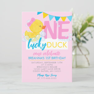 ピンクワンラッキーアヒル女の子ラバーアヒル1st誕生日 招待状