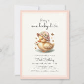 ピンクワンラッキーダックベビーガールファースト誕生日 招待状 (正面)
