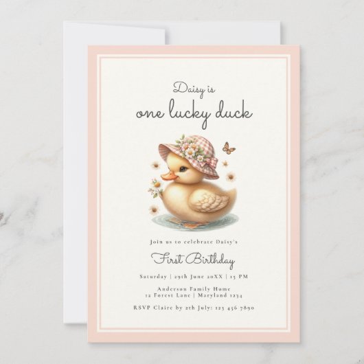 ピンクワンラッキーダックベビーガールファースト誕生日 招待状 (正面)