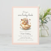 ピンクワンラッキーダックベビーガールファースト誕生日 招待状 (スタンド正面)