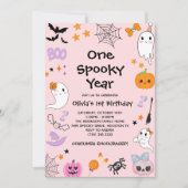 ピンクワン不気味イヤー幽霊ハロウィーン1回目の誕生日 招待状 (正面)
