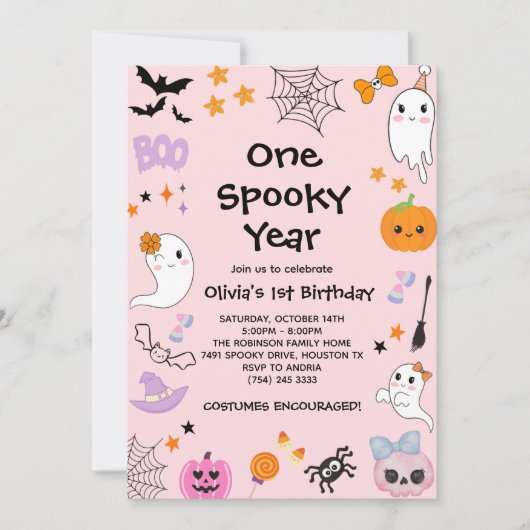 ピンクワン不気味イヤー幽霊ハロウィーン1回目の誕生日 招待状 (正面)