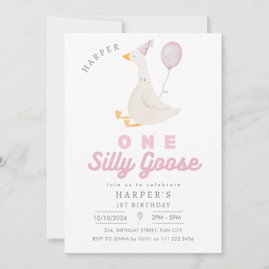 ピンクワン間抜けグースガール1st誕生日 招待状 (正面)