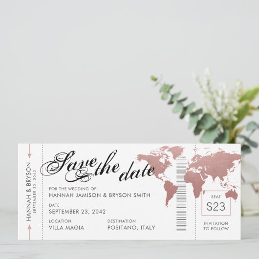 ピンクワールドマップボーディングパス日付カードを保存 案内状 (スタンド正面)