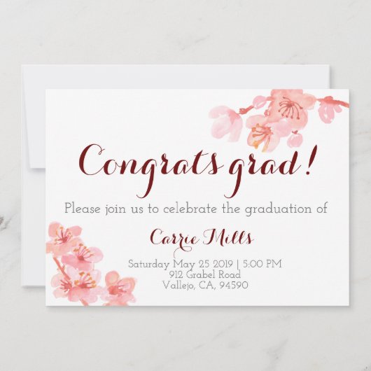 ピンクンさくらんぼ花の卒業写真招待状 招待状 (裏面)