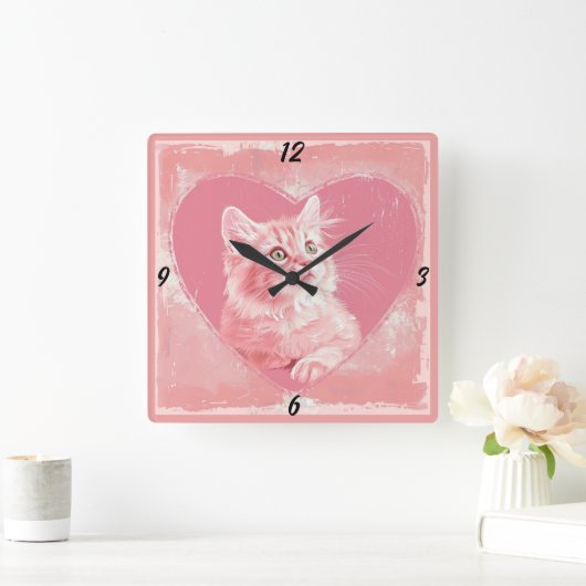 ピンクヴィンテージかわいいキットンハートスクエアウォールクロック スクエア壁時計 (ホーム)